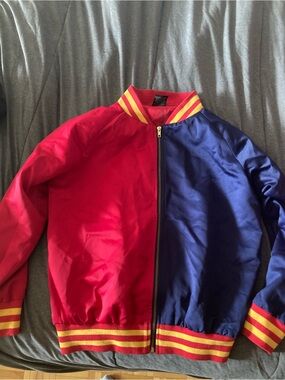 DC Comics Red and Blue Bomber Jacket with Yellow Trim